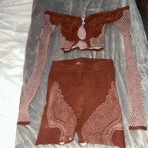 2 piece brown poster girl biker shorts set . One size fits all